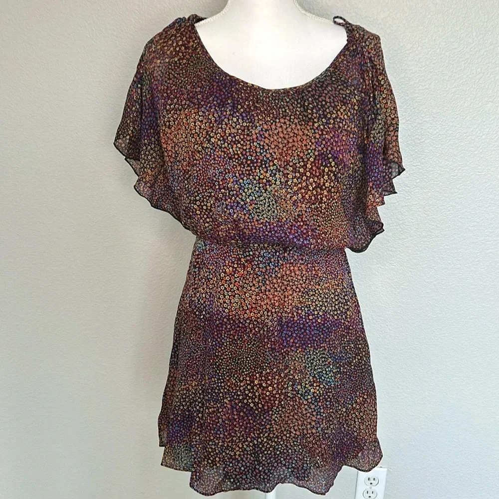 Corey Lynn Calter  floral silk dress with elastic waist and flutter sleeves sz S